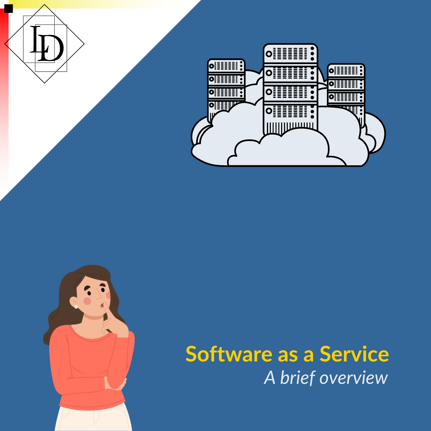 The image depicts a woman in thought, considering a representation of cloud computing.